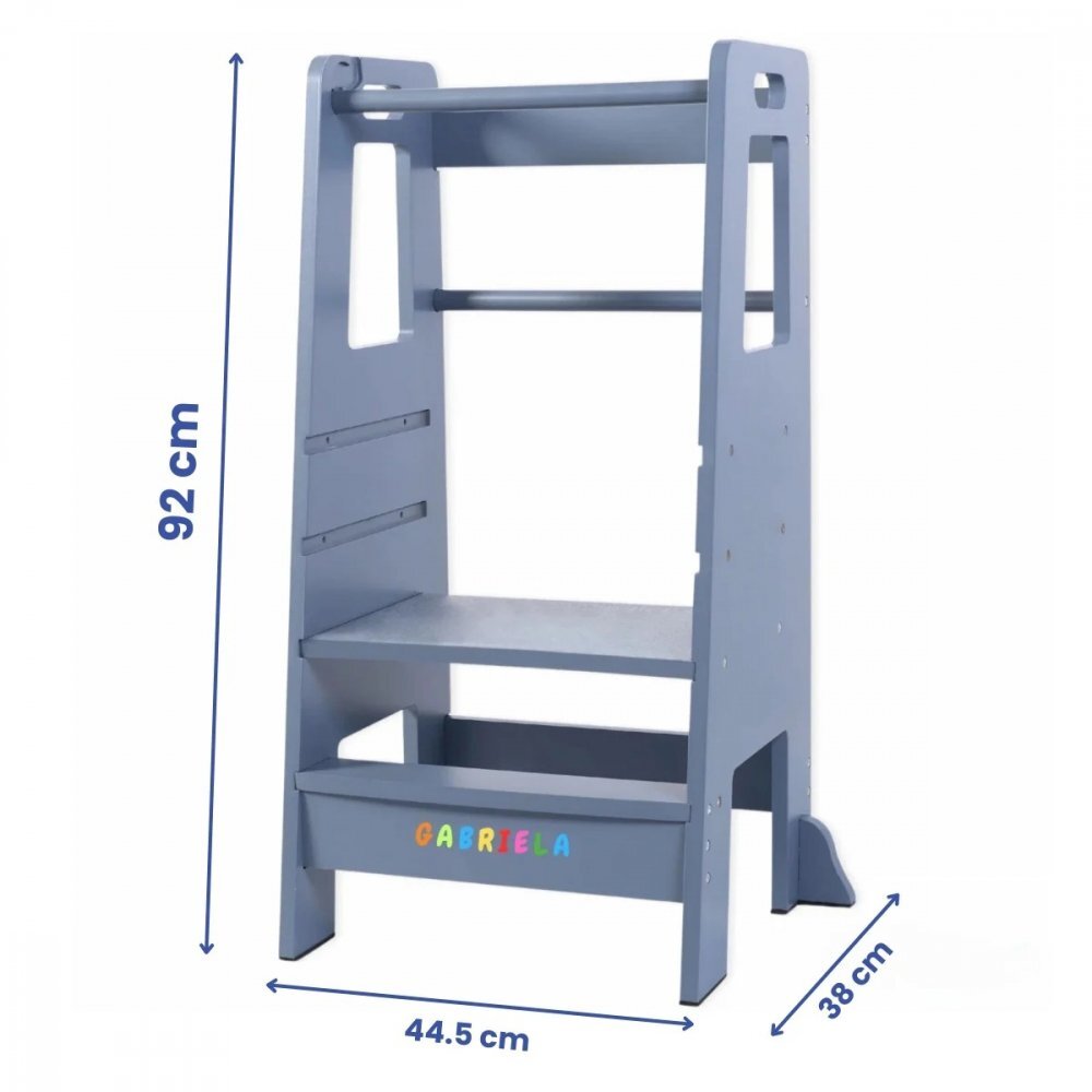 Suporto Turn de invatare tip Learning tower pentru copii Gri rol de inaltator cu treapta de urcare reglabila antiderapanta si balustrade de protectie
