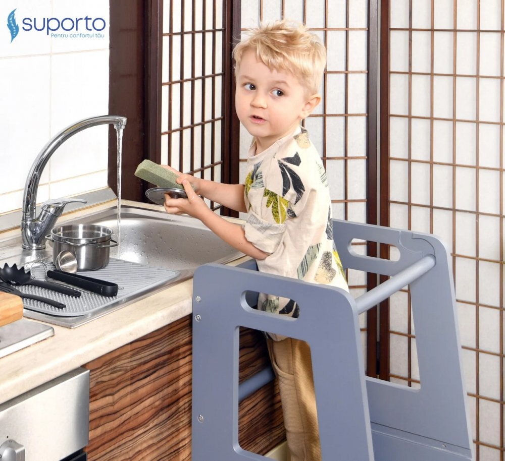 Suporto Turn de invatare tip Learning tower pentru copii Gri rol de inaltator cu treapta de urcare reglabila antiderapanta si balustrade de protectie