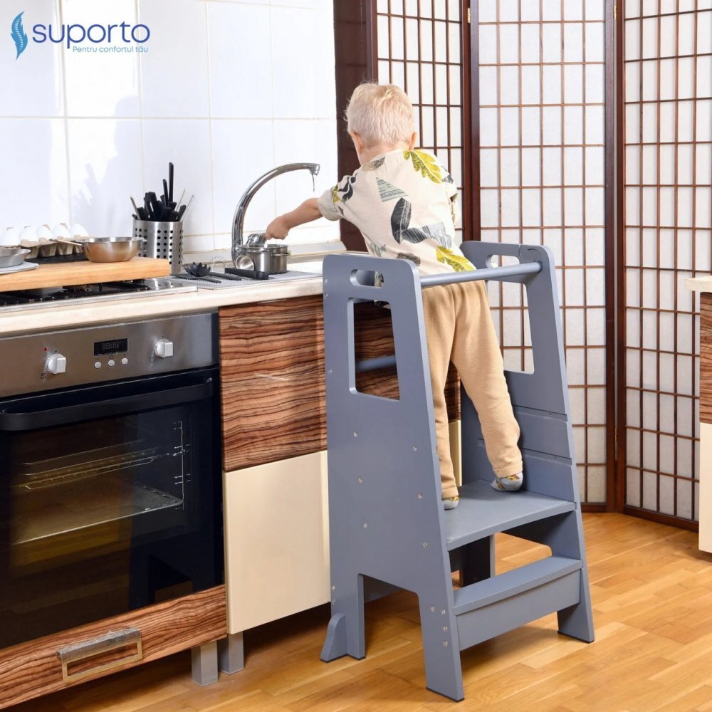 Suporto Turn de invatare tip Learning tower pentru copii Gri rol de inaltator cu treapta de urcare reglabila antiderapanta si balustrade de protectie