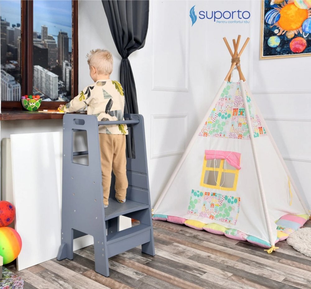 Suporto Turn de invatare tip Learning tower pentru copii Gri rol de inaltator cu treapta de urcare reglabila antiderapanta si balustrade de protectie