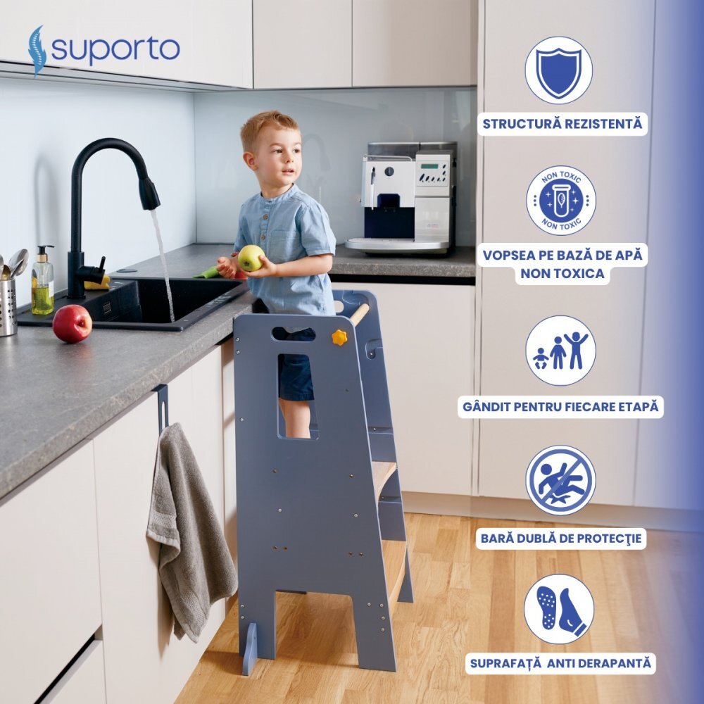 Suporto Turn de invatare tip Learning tower pentru copii GriMaro rol de inaltator cu treapta de urcare reglabila antiderapanta si balustrade de protectie