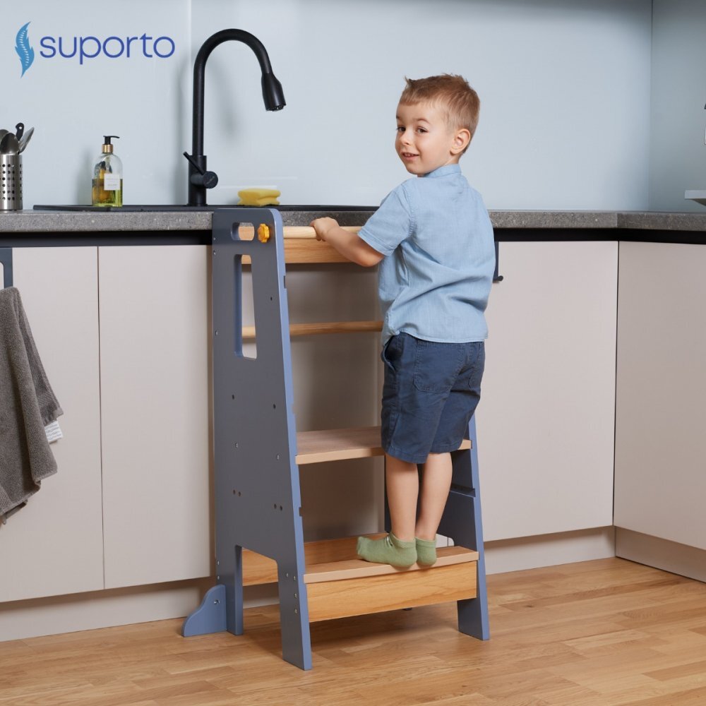 Suporto Turn de invatare tip Learning tower pentru copii GriMaro rol de inaltator cu treapta de urcare reglabila antiderapanta si balustrade de protectie