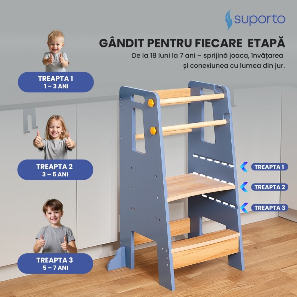 Suporto Turn de invatare tip Learning tower pentru copii GriMaro rol de inaltator cu treapta de urcare reglabila antiderapanta si balustrade de protectie