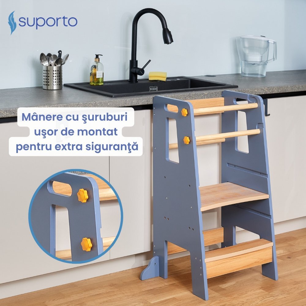 Suporto Turn de invatare tip Learning tower pentru copii GriMaro rol de inaltator cu treapta de urcare reglabila antiderapanta si balustrade de protectie
