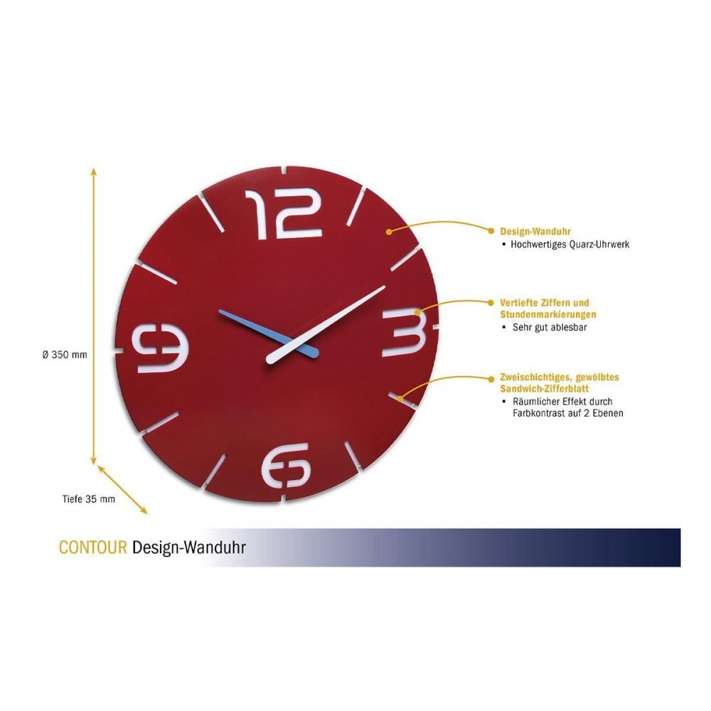 TFA Ceas de perete colorat analog creat de designer model Contour rosu