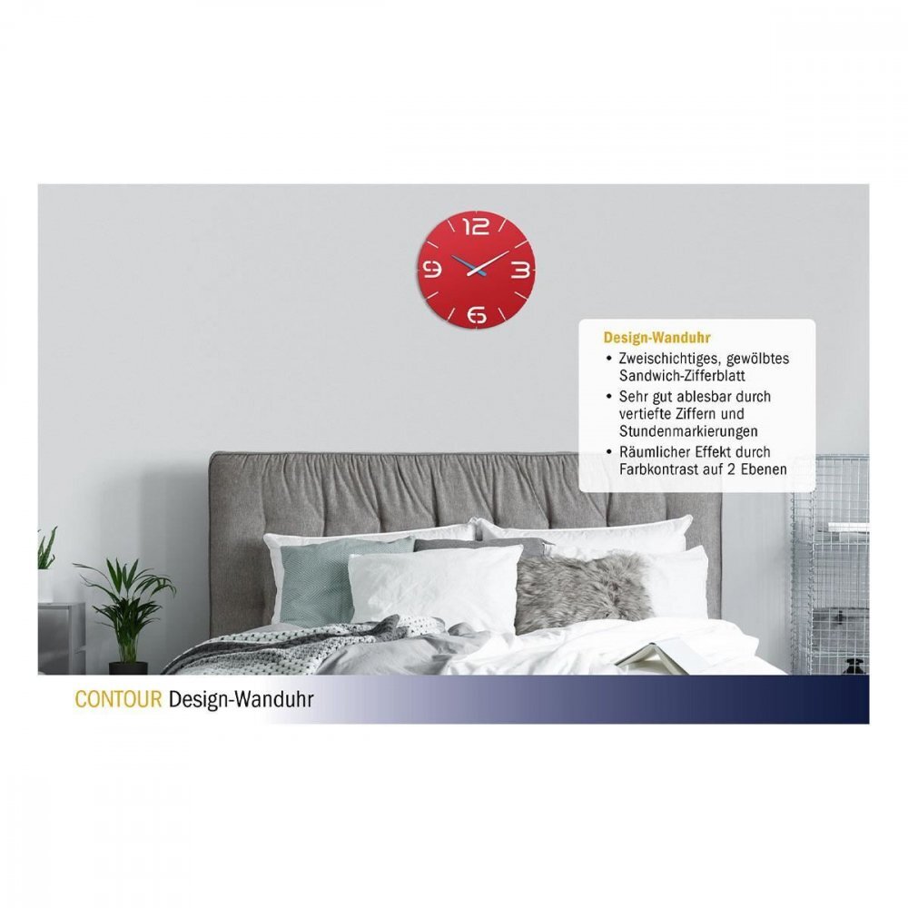 TFA Ceas de perete colorat analog creat de designer model Contour rosu