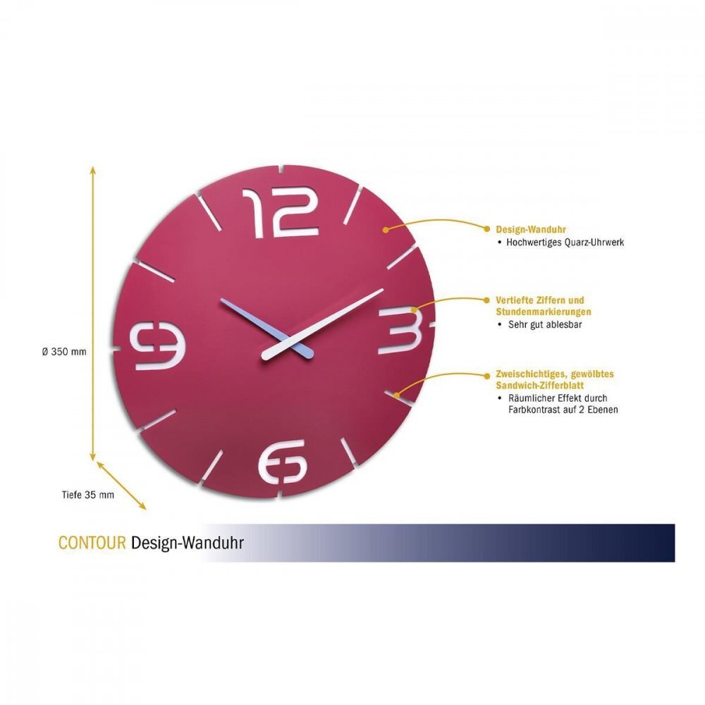 TFA Ceas de perete colorat analog creat de designer model Contour roz