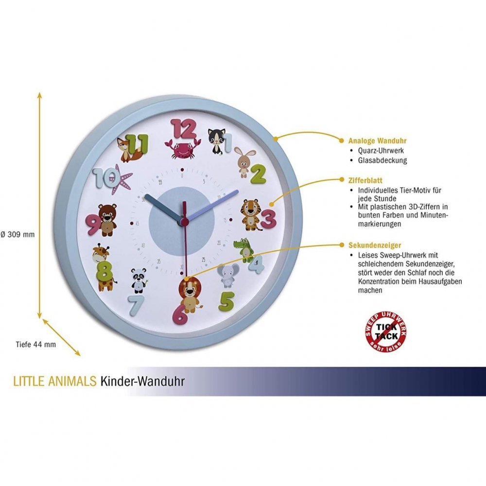 TFA Ceas de perete pentru copii silentios cu animale si cifre 3D Little Animals 60.3051.14