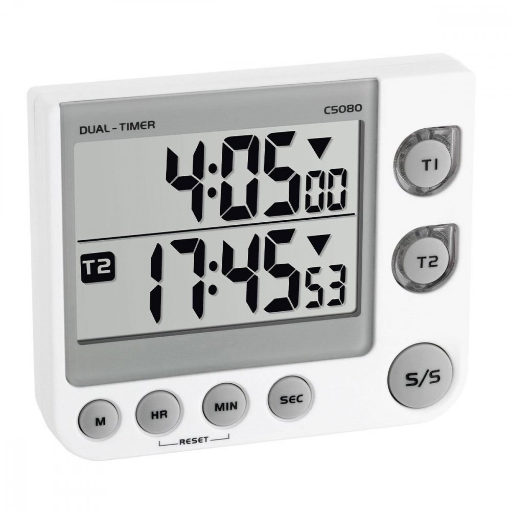 TFA Timer si cronometru digital dual 100 ore LED de avertizare memorie volum reglabil alb 38.2025