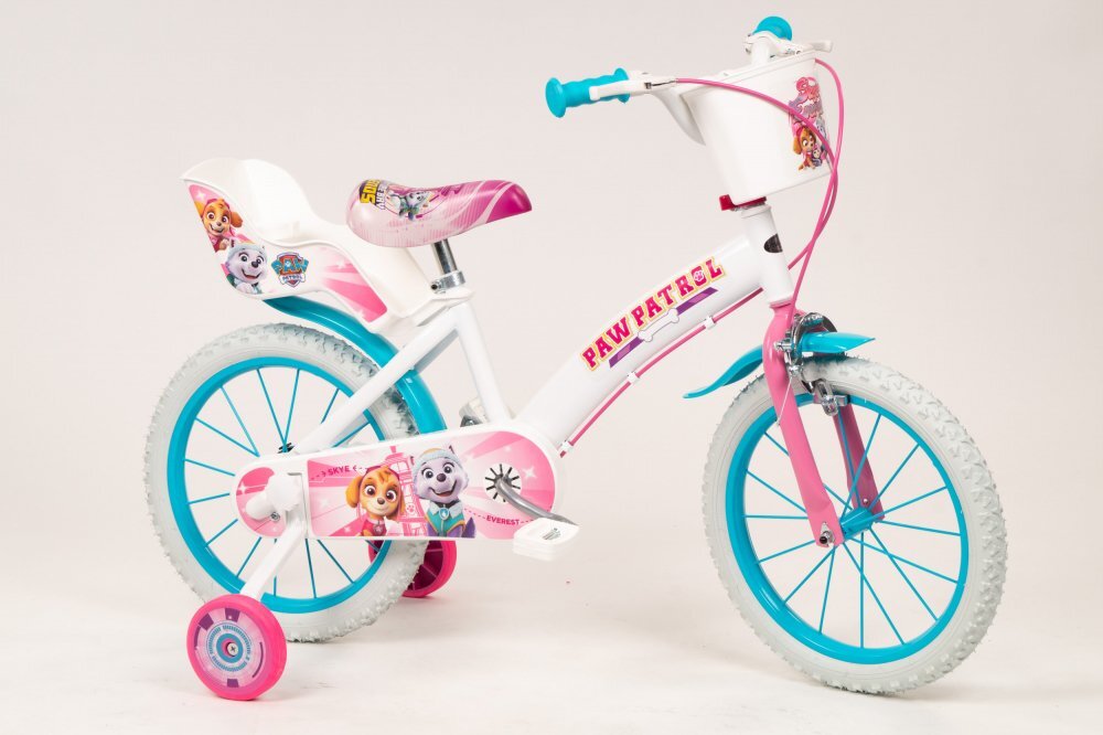 TOIMSA Bicicleta copii Paw Patrol Girl 16 inch cu cosulet frontal si scaunel pentru papusi de la 5 ani inaltimea recomandata 110-120 cm scaun si ghidon reglabile roti ajutatoare detasabile