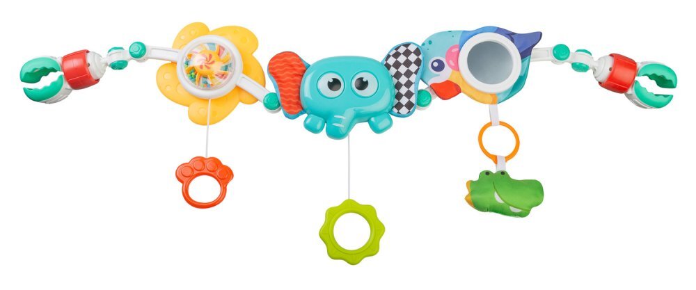 Toyz by Caretero Arcada senzoriala cu jucarii pentru caruciorpatutscaun auto copii Toyz Elephant cu zornaitori oglinda si jucarii gingivale prindere universala