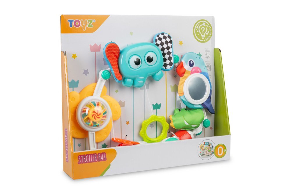 Toyz by Caretero Arcada senzoriala cu jucarii pentru caruciorpatutscaun auto copii Toyz Elephant cu zornaitori oglinda si jucarii gingivale prindere universala