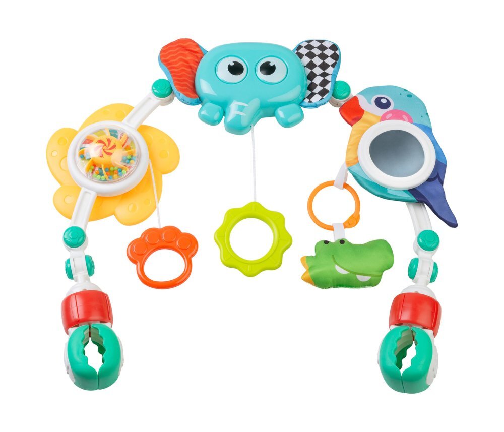 Toyz by Caretero Arcada senzoriala cu jucarii pentru caruciorpatutscaun auto copii Toyz Elephant cu zornaitori oglinda si jucarii gingivale prindere universala