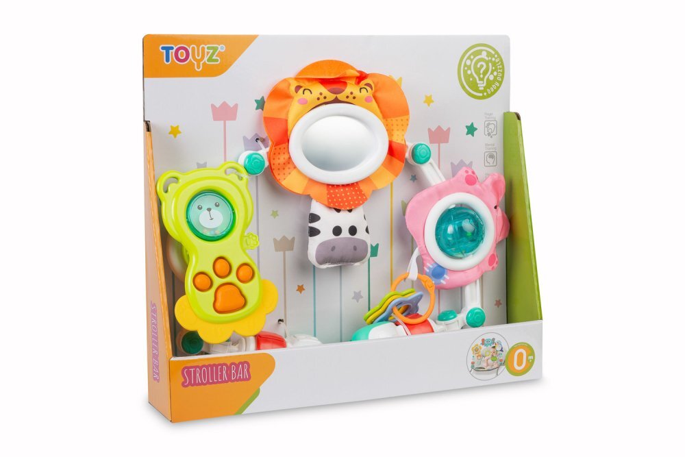 Toyz by Caretero Arcada senzoriala cu jucarii pentru caruciorpatutscaun auto copii Toyz Lion cu zornaitori oglinda si jucarii gingivale prindere universala