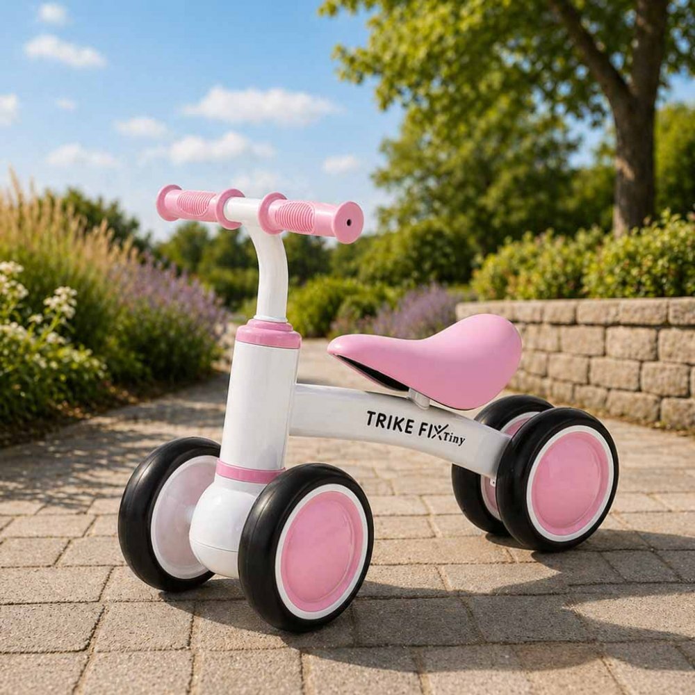 Trike Fix Bicicleta de echilibru fara pedale Tini V2 PinkWhite design cu patru roti roti EVA cadrul din otel carbon sarcina maxima 30 kg