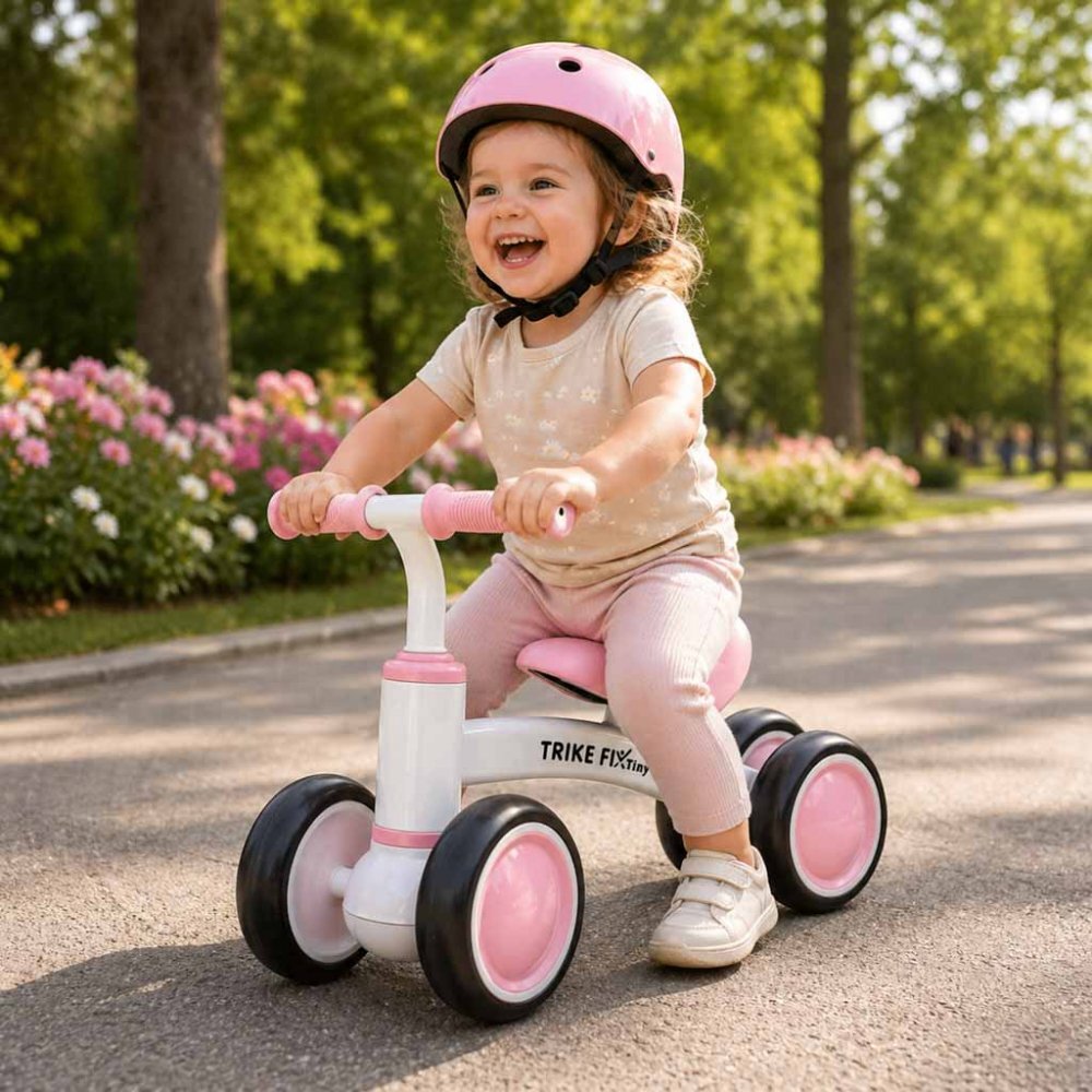 Trike Fix Bicicleta de echilibru fara pedale Tini V2 PinkWhite design cu patru roti roti EVA cadrul din otel carbon sarcina maxima 30 kg