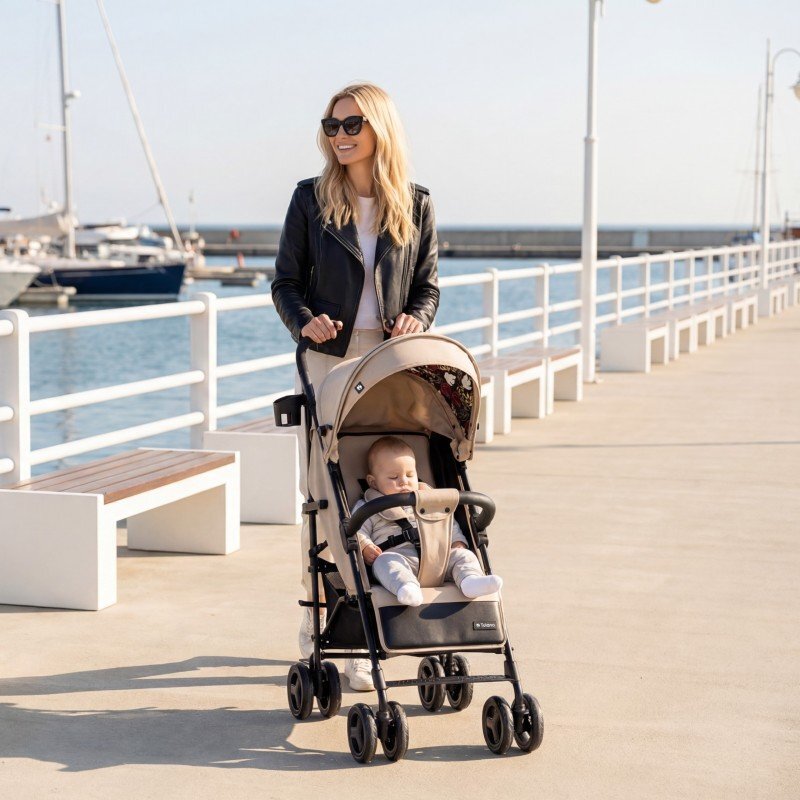 Tulano Carucior sport compact Davos 35 Beige roti din PU cu suspensiicapotina XXL cu fereastrainclude husa picioareplasa insectesuport pahar6luni-4 ani sau maxim 22kg
