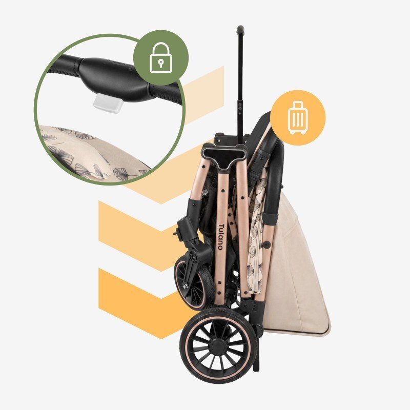 Tulano Carucior sport copii Lagos 35 Beige Gold cu pliere compacta tip troller husa picioare impermeabila si suport pahar incluse roti pivotante cu suspensii integrate parasolar XXL greutate admisa 15 kg