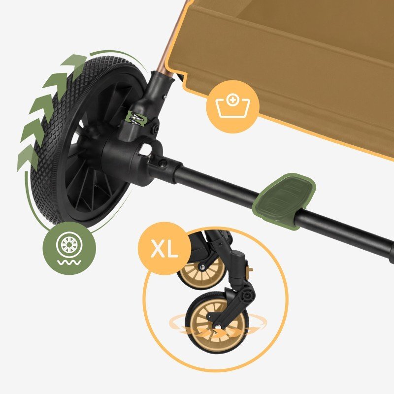 Tulano Carucior sport copii Lagos 35 Beige Gold cu pliere compacta tip troller husa picioare impermeabila si suport pahar incluse roti pivotante cu suspensii integrate parasolar XXL greutate admisa 15 kg