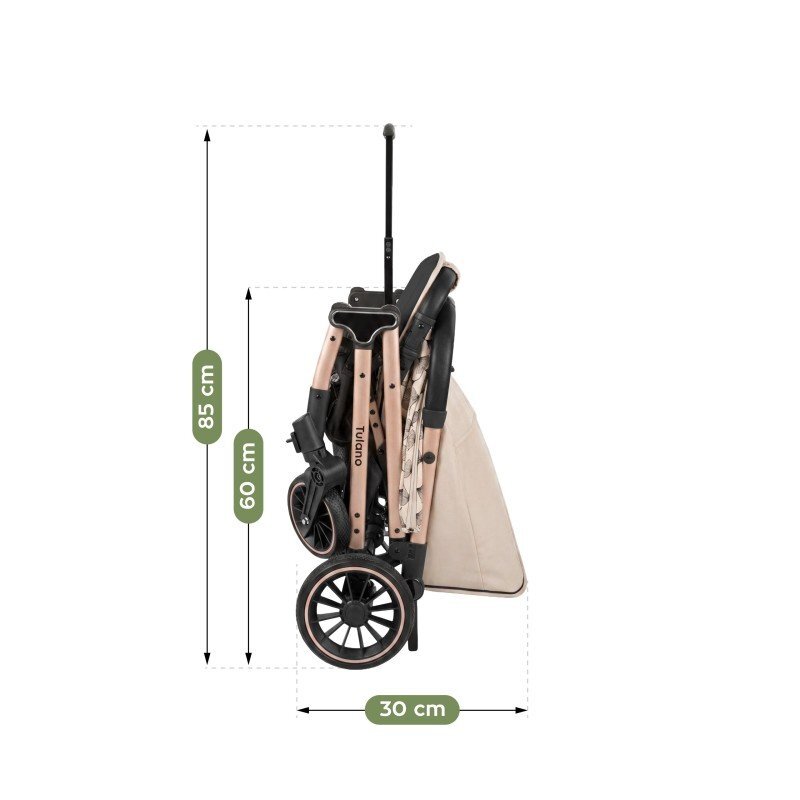 Tulano Carucior sport copii Lagos 35 Beige Gold cu pliere compacta tip troller husa picioare impermeabila si suport pahar incluse roti pivotante cu suspensii integrate parasolar XXL greutate admisa 15 kg