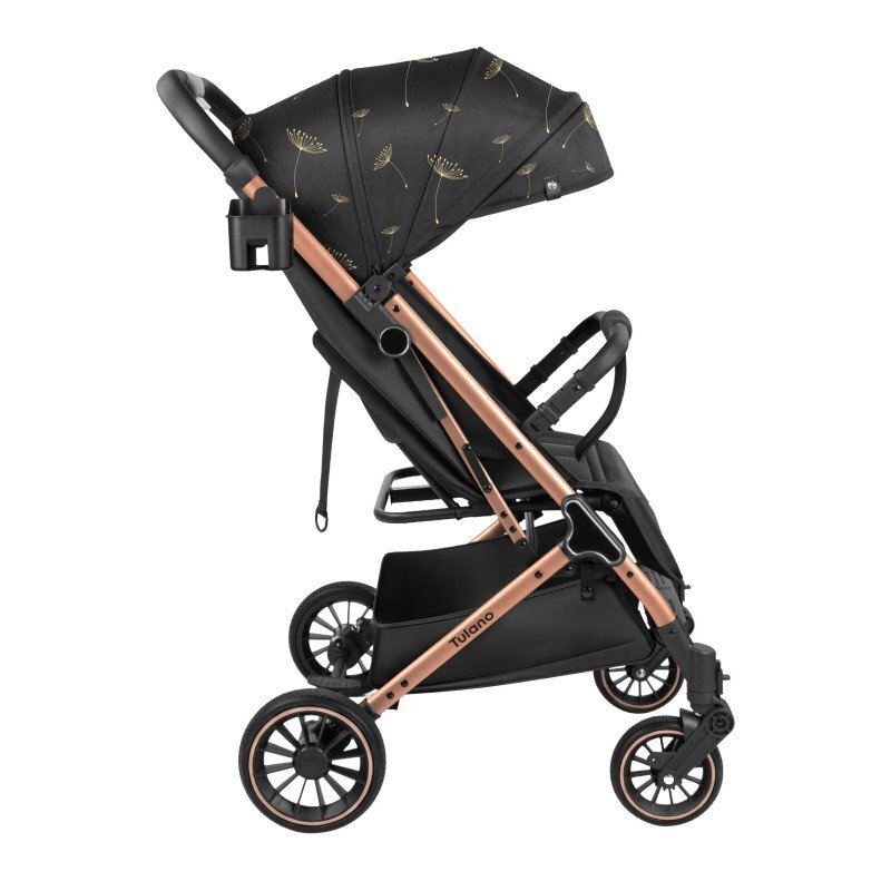 Tulano Carucior sport copii Lagos 35 Black Gold cu pliere compacta tip troller husa picioare impermeabila si suport pahar incluse roti pivotante cu suspensii integrate parasolar XXL greutate admisa 15 kg