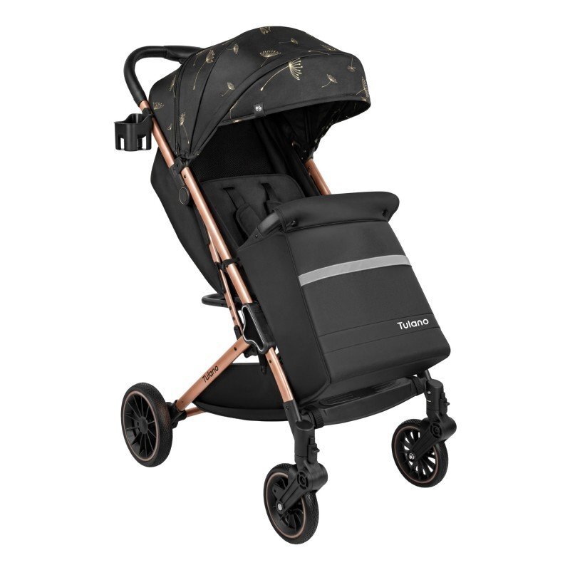 Tulano Carucior sport copii Lagos 35 Black Gold cu pliere compacta tip troller husa picioare impermeabila si suport pahar incluse roti pivotante cu suspensii integrate parasolar XXL greutate admisa 15 kg
