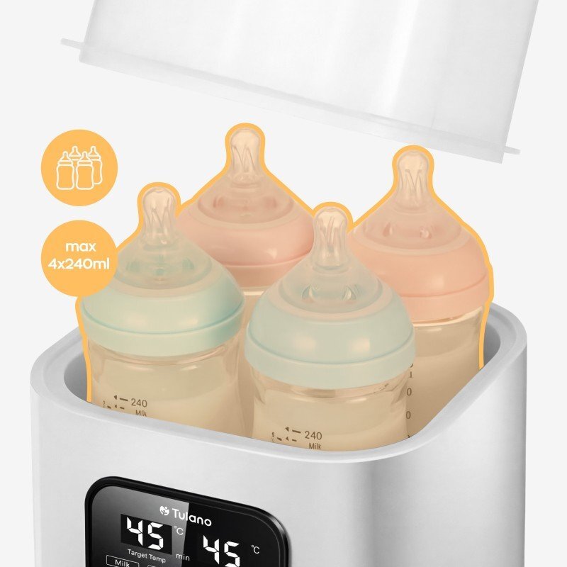 Tulano Incalzitor si sterilizator electric digital 8-in-1 Ellie 55 XL cu telecomandacapacitate 4 biberoaneecran tactil LCDsenzor mentinere temperatura 48 ore
