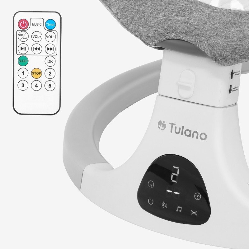 Tulano Leagan electric pentru copii Astrid Gri 35 cu Bluetooth senzor de miscare si telecomanda 5 viteze de leganarepliabil compact capotina reglabila cu plasa insecte