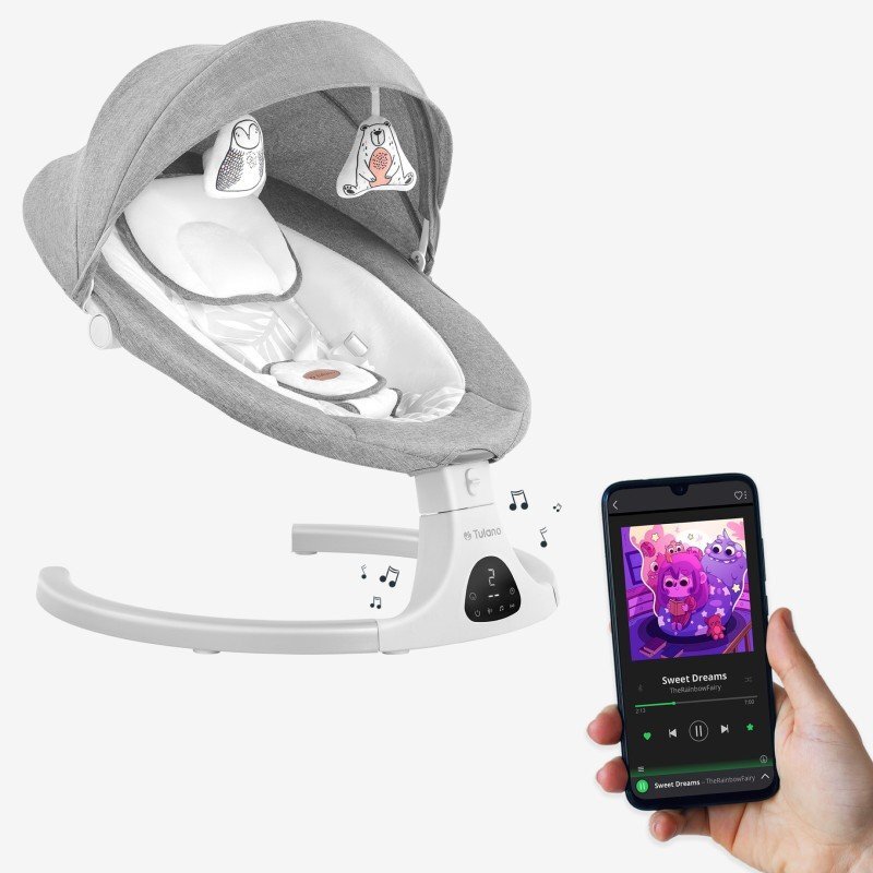 Tulano Leagan electric pentru copii Astrid Gri 35 cu Bluetooth senzor de miscare si telecomanda 5 viteze de leganarepliabil compact capotina reglabila cu plasa insecte