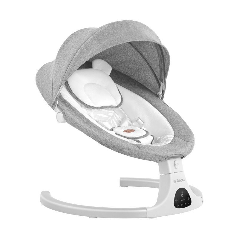 Tulano Leagan electric pentru copii Astrid Gri 35 cu Bluetooth senzor de miscare si telecomanda 5 viteze de leganarepliabil compact capotina reglabila cu plasa insecte