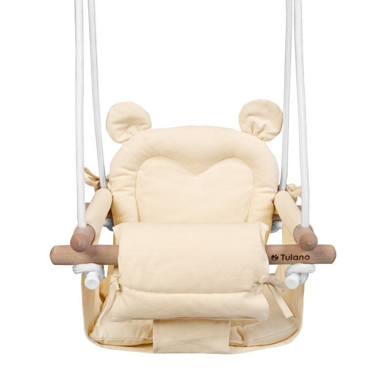 Tulano Leagan textil din lemn pentru copii Hop 30 Beige cu centura de sigurantaspatarsezut moale cu husa din bumbac utilizare interiorexterior greutate admisa 60 kg