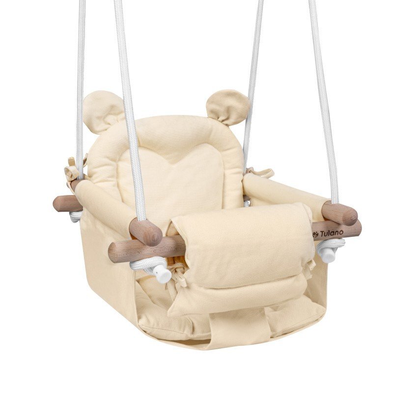 Tulano Leagan textil din lemn pentru copii Hop 30 Beige cu centura de sigurantaspatarsezut moale cu husa din bumbac utilizare interiorexterior greutate admisa 60 kg