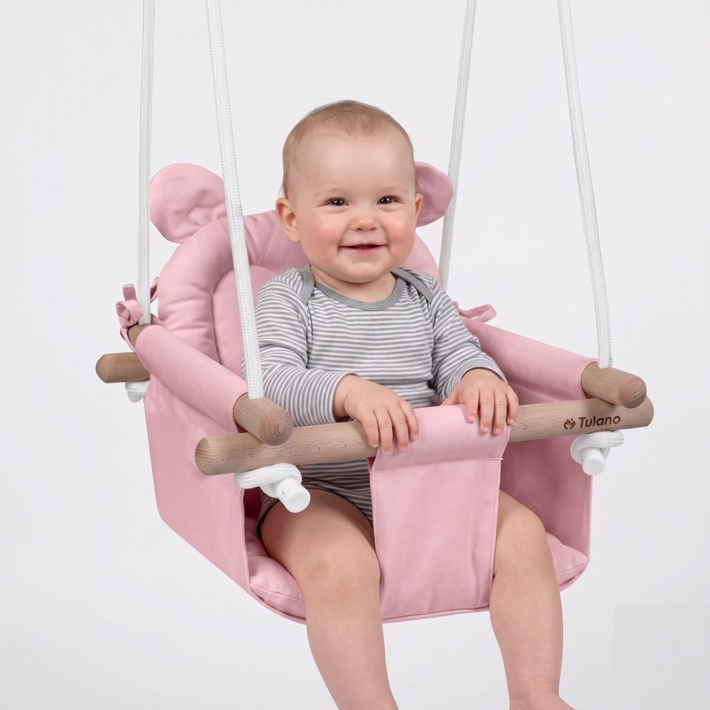 Tulano Leagan textil din lemn pentru copii Hop 30 Pink cu centura de sigurantaspatarsezut moale cu husa din bumbac utilizare interiorexterior greutate admisa 60 kg
