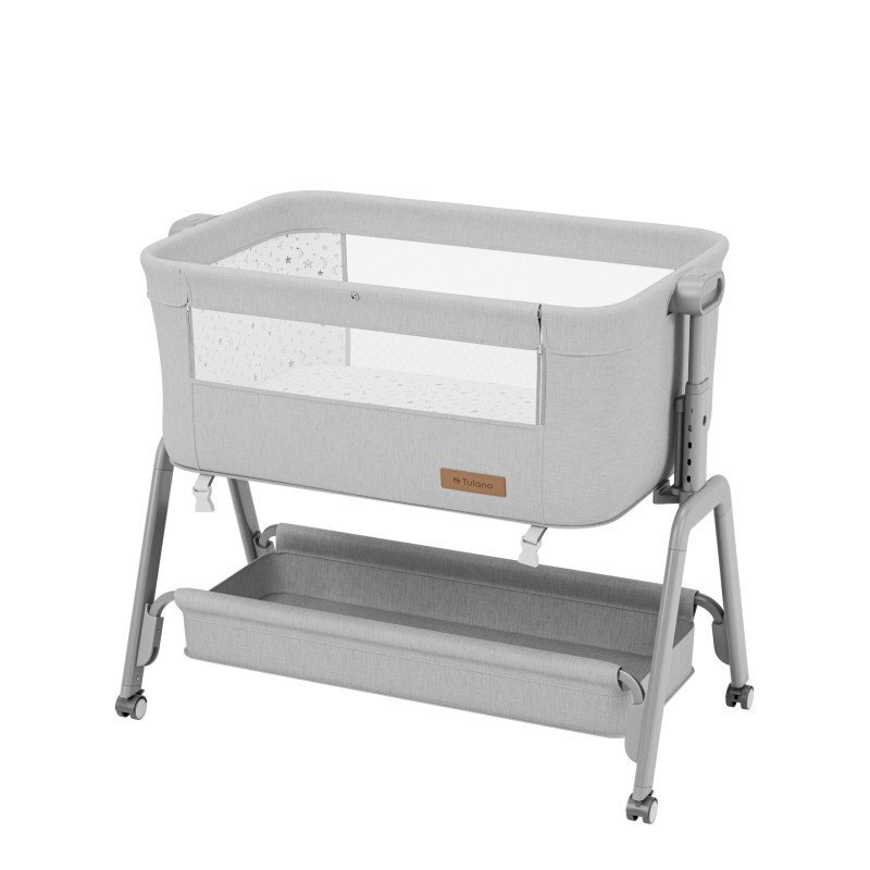 Tulano Patut Co-sleeper 3-in-1 50 Dream Light Grey pliabil inaltime reglabila functie anti-reflux saltea si plasa insecte incluse roti cu blocare fixare pat parinti cu centuri de ancorare material textil premium