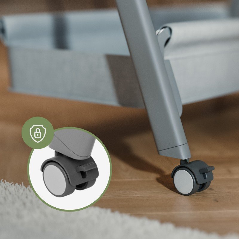 Tulano Patut Co-sleeper 3-in-1 50 Dream Light Grey pliabil inaltime reglabila functie anti-reflux saltea si plasa insecte incluse roti cu blocare fixare pat parinti cu centuri de ancorare material textil premium