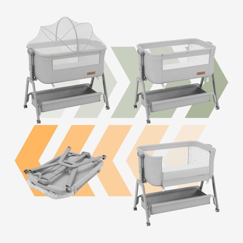 Tulano Patut Co-sleeper 3-in-1 50 Dream Light Grey pliabil inaltime reglabila functie anti-reflux saltea si plasa insecte incluse roti cu blocare fixare pat parinti cu centuri de ancorare material textil premium