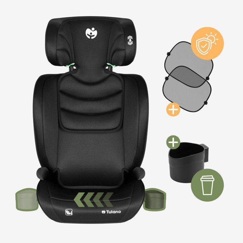 Tulano Scaun auto copii 2in1 I-Size Joy 20 BlackGrey 100-150 cm cu spatar detasabilcertificat ECE R129suport pahar si 2 parasolare inclusetetiera reglabila 13 pozitii distincte