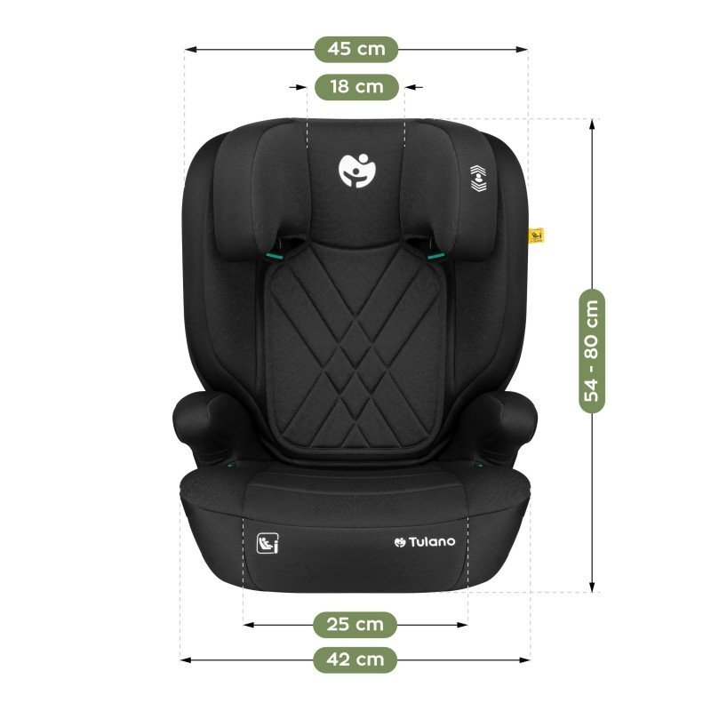 Tulano Scaun auto copii cu isofix 2in1 I-Size Joy 45 Black 100-150 cm cu spatar detasabilcertificat ECE R129tetiera reglabila 14 pozitii sistem protectie impact lateral SIP2 parasolare auto incluse