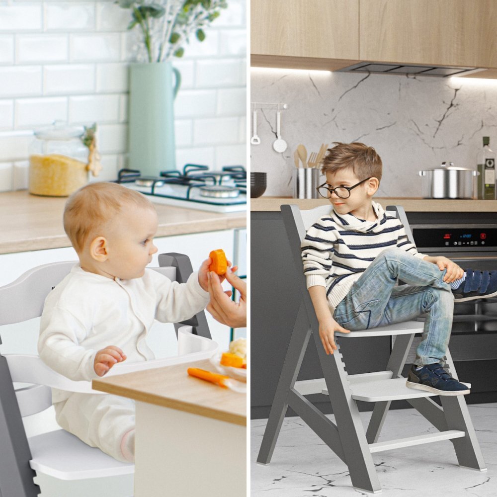 Tulano Scaun de masa copii multifunctional 4-in-1 Morsel 40 GreyWhite structura din lemn rezistent11 nivele de inaltime tavita dublarecomandat 6luni-12 anigreutate admisa 40 kg
