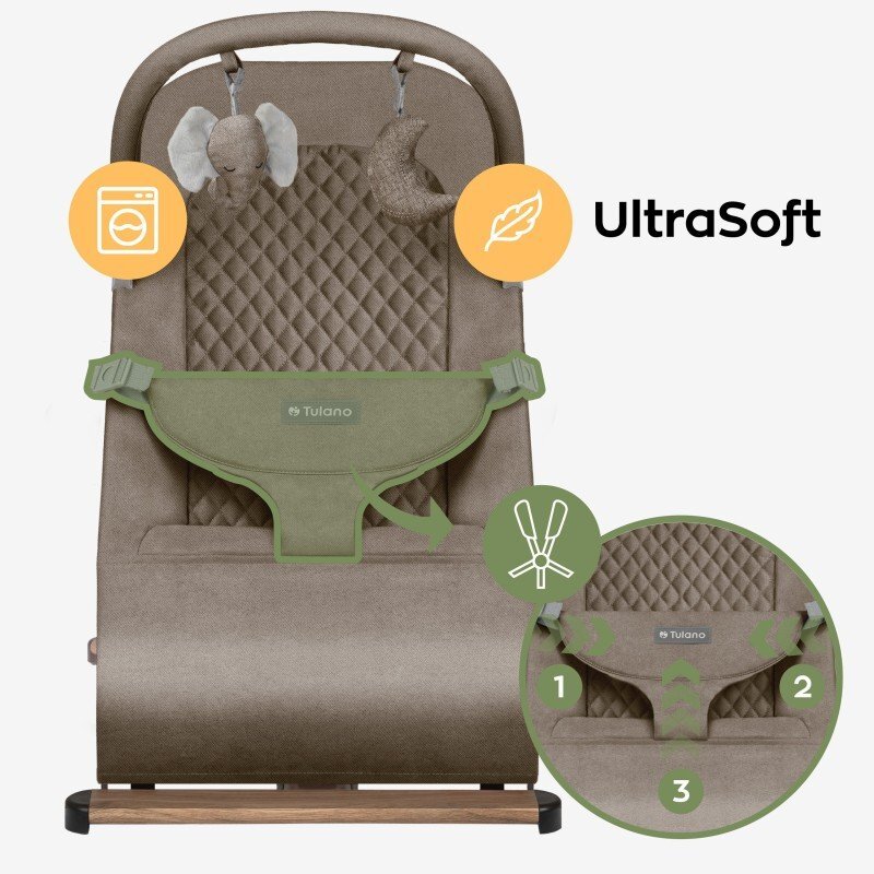 Tulano Sezlong balansoar pentru bebelusi Moon 30 Beige cu spatar reglabil in 4 pozitiicentura de sigurantasezut anatomicbara cu jucariipliere compactabaza antiderapantatapiterie UltraSoft
