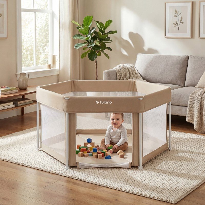 Tulano Tarc de joaca pliabil pentru copii Cozy 30 Beige utilizare interiorexterior usa cu fermoarpereti din plasa respirabila geanta transport