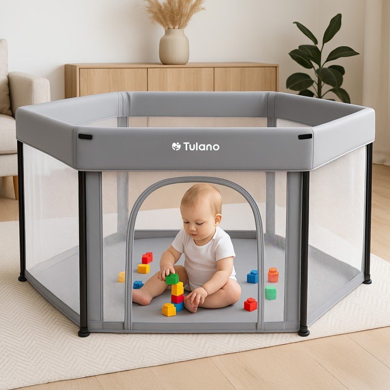 Tulano Tarc de joaca pliabil pentru copii Cozy 30 Grey utilizare interiorexterior usa cu fermoarpereti din plasa respirabila geanta transport