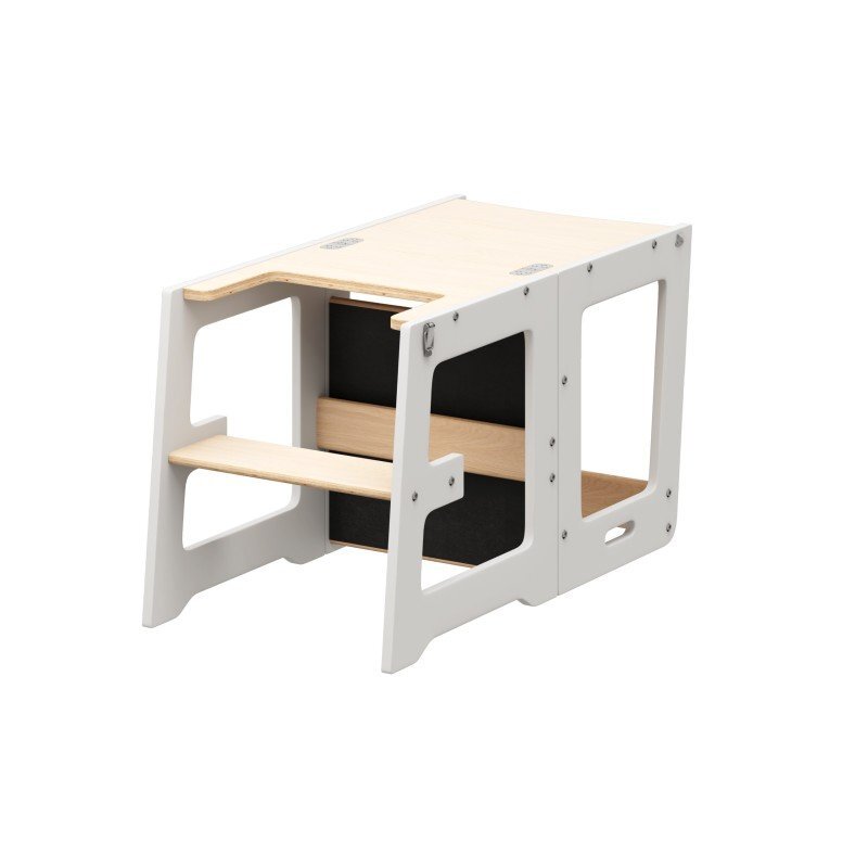 Tulano Turn de invatare multifunctional 3-in-1 Mooby 35 WhiteNatural cu structura rezistenta din MDF laminatmargini rotunjitetabla de desen integratabariera de sigurantagreutate admisa 60 kg