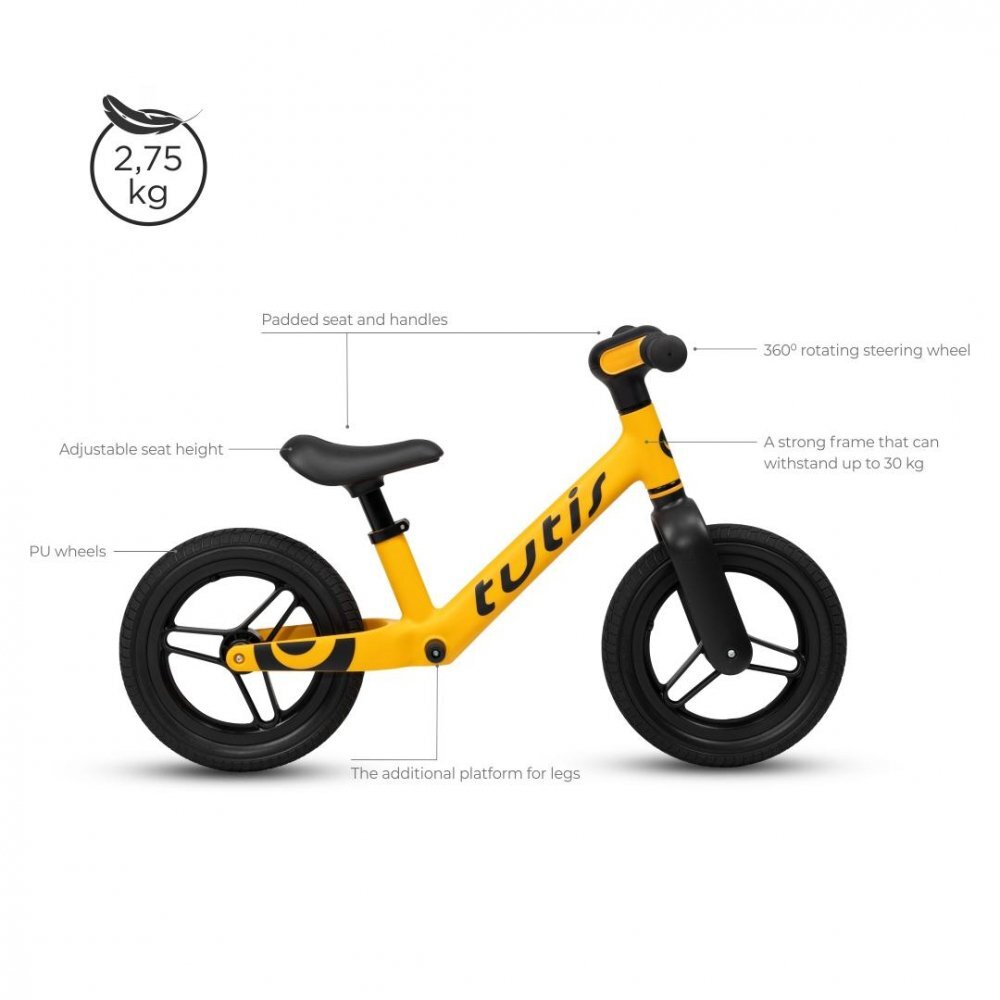 Tutis Bicicleta pentru copii fara pedale Galben 12 inch cu sezut reglabil si suport picioare recomandata copiilor cu o inaltime de 90-115 cm scaun reglabil pe inaltime