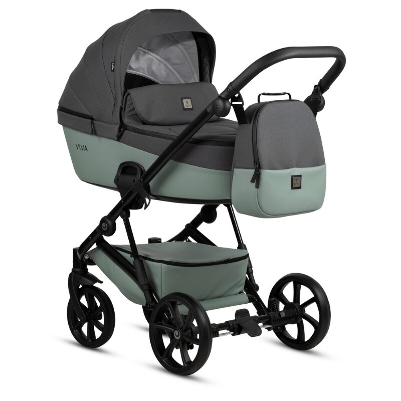 Tutis Carucior 2 in 1 Viva 5+ Sage 039 din piele ecologica sezut reversibil spatar reglabil roti cu blocare bara detasabila accesorii incluse