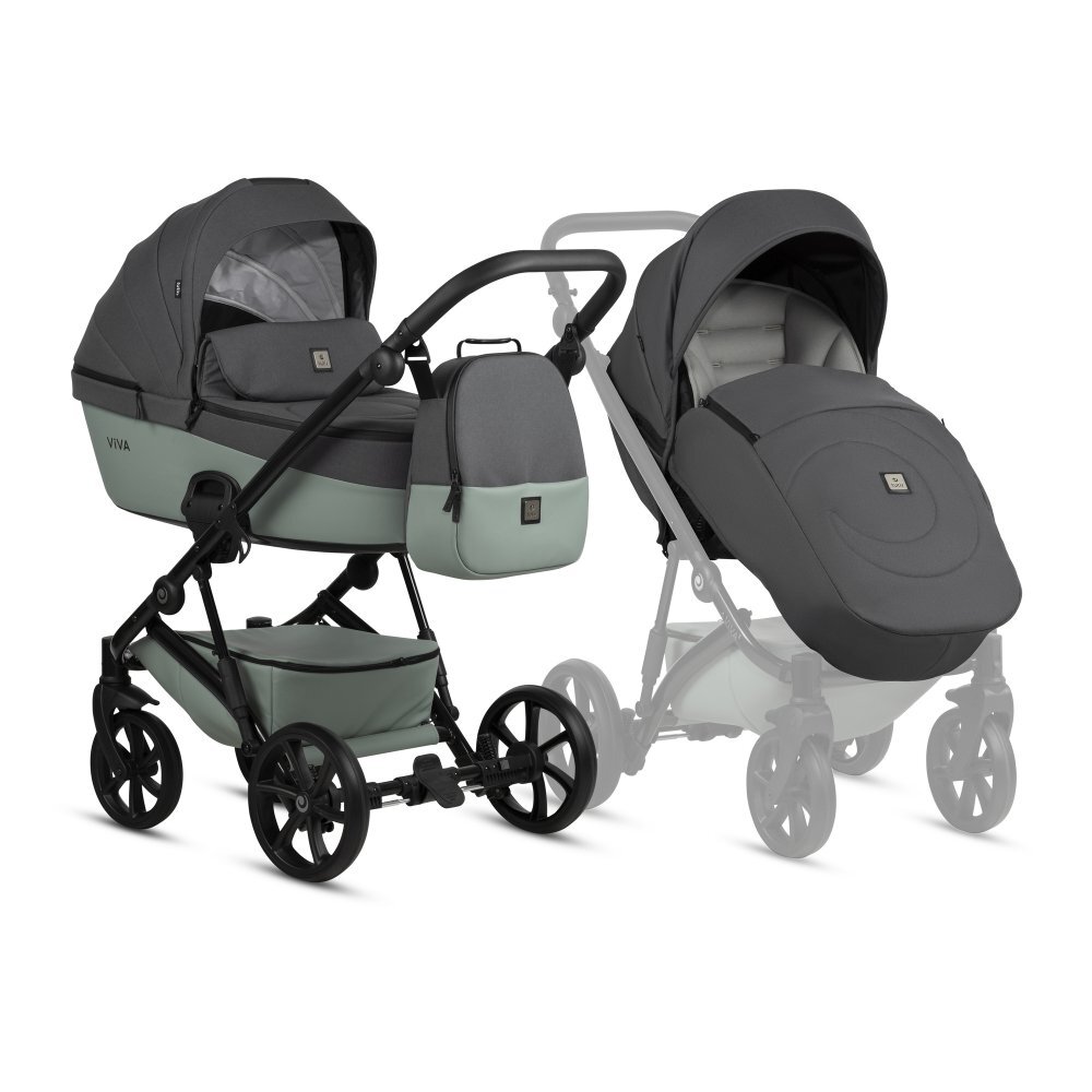 Tutis Carucior 2 in 1 Viva 5+ Sage 039 din piele ecologica sezut reversibil spatar reglabil roti cu blocare bara detasabila accesorii incluse