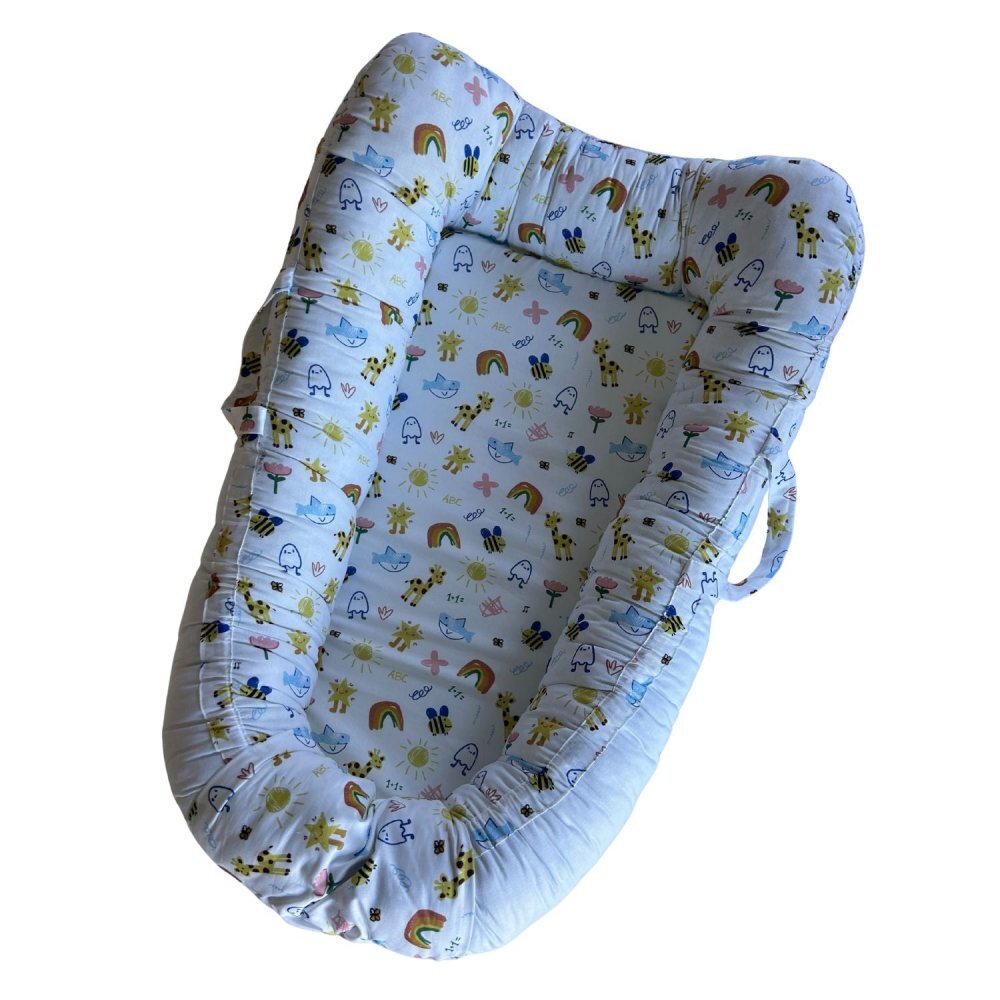 TWINDECO Baby Nest din bumbac organic cu doua fete si manere Alb Desene