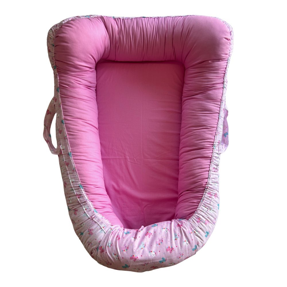 TWINDECO Baby Nest din bumbac organic cu doua fete si manere Roz cu unicorni