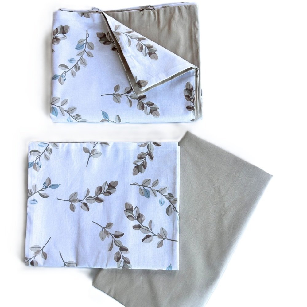 TWINDECO Lenjerie cu 3 piese din bumbac organic pentru patut 120x60 cm Alb cu frunze maro
