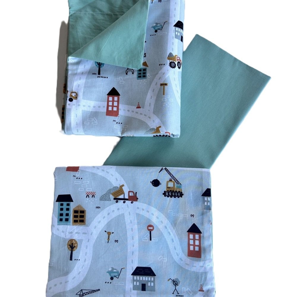 TWINDECO Lenjerie cu 3 piese din bumbac organic pentru patut 120x60 cm Casute mint